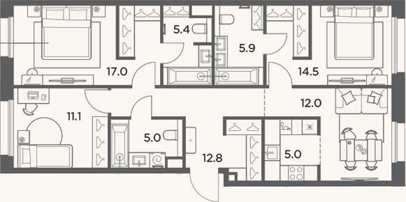 Планировка: 4+ к, 88,7 м²