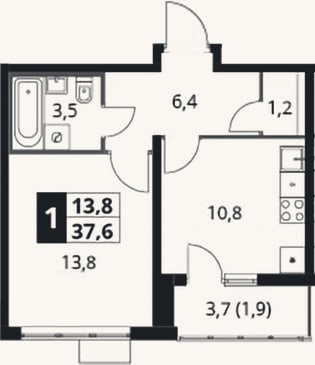 Планировка: 1-к, 35,7 м²