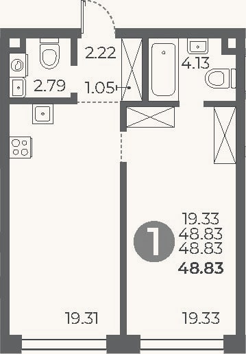 Планировка: 1-к, 48,8 м²