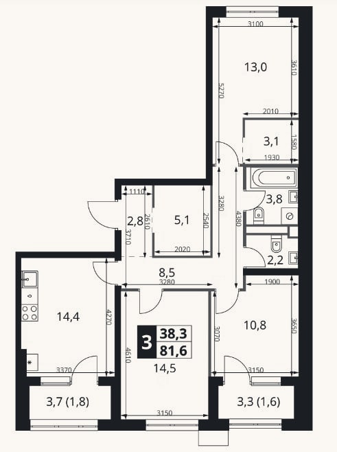 Планировка: 3-к, 78,2 м²