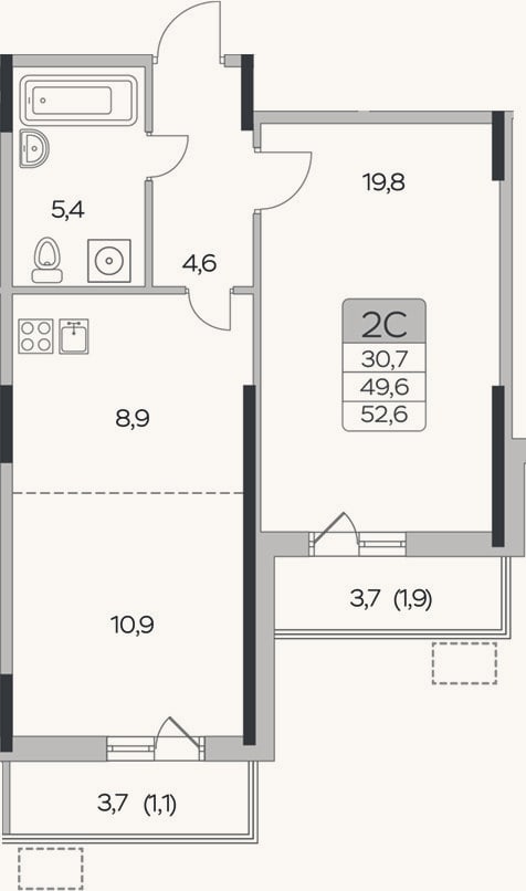 Планировка: 1-к, 49,6 м²