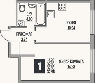 Планировка: 2-к, 33 м²