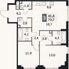 Планировка: 3-к, 73,7 м²