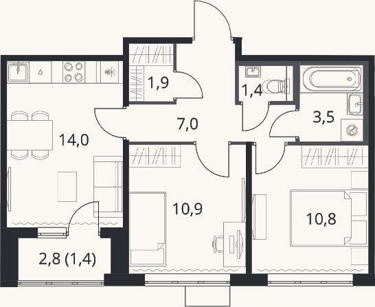 Планировка: 2-к, 49,5 м²