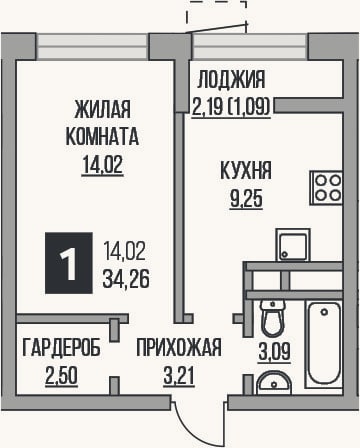 Планировка: 1-к, 32,1 м²