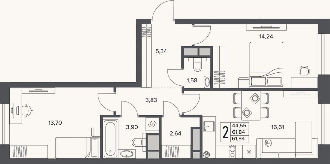 Планировка: 3-к, 61,8 м²