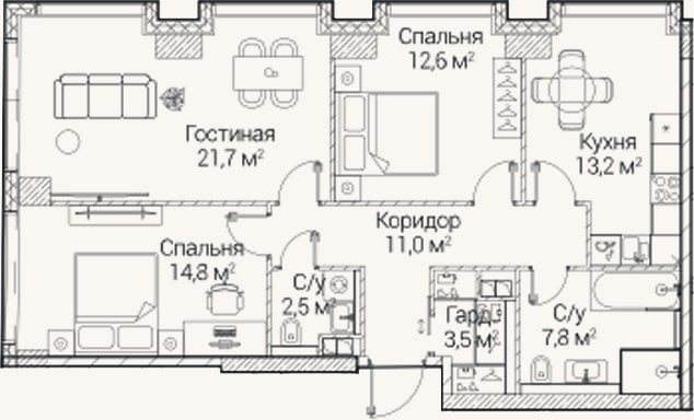 Планировка: 3-к, 87,1 м²