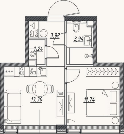 Планировка: 2-к, 34 м²
