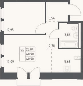 Планировка: 2-к, 40,9 м²
