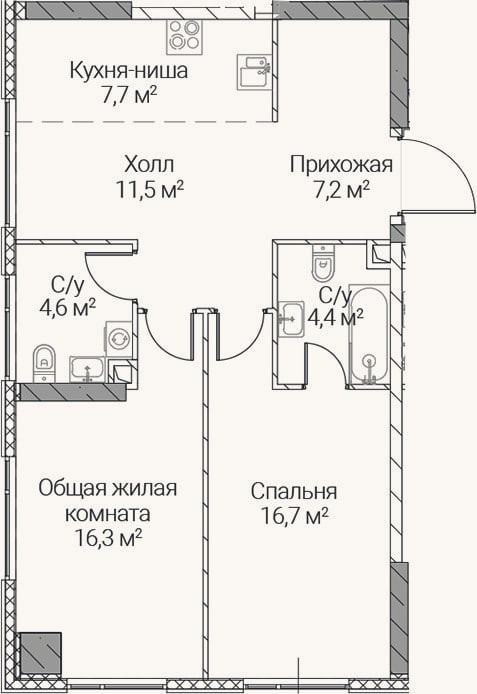 Планировка: 3-к, 68,4 м²