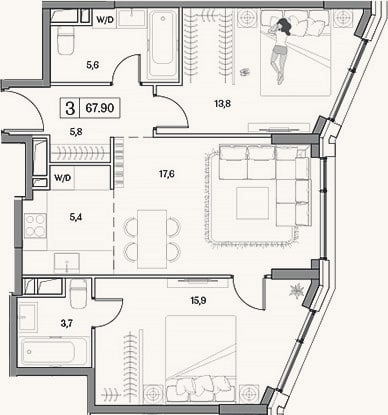 Планировка: 3-к, 67,9 м²