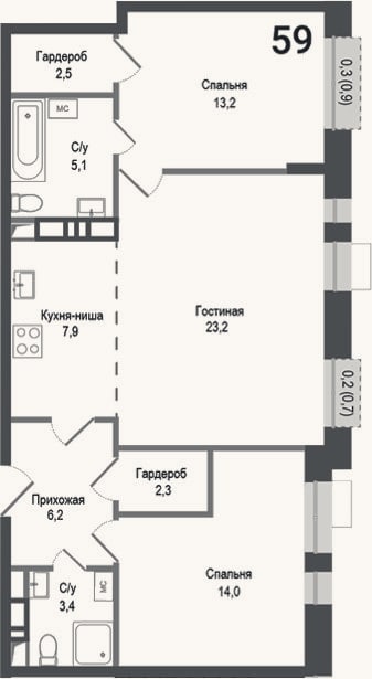 Планировка: 3-к, 77,8 м²