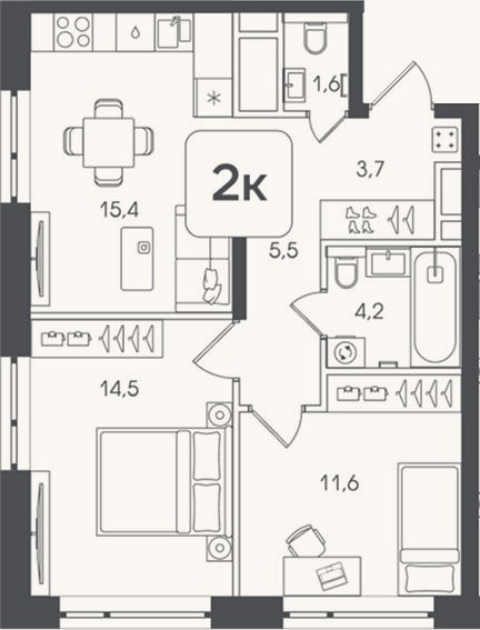 Планировка: 2-к, 56,5 м²