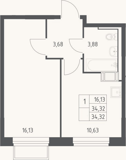 Планировка: 1-к, 34,3 м²