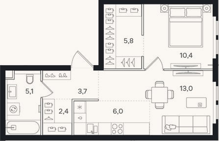 Планировка: 2-к, 46,4 м²