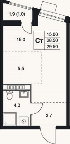 Планировка: Студия, 28,5 м²