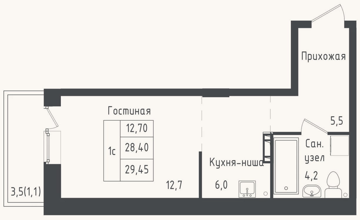 Планировка: Студия, 28,4 м²