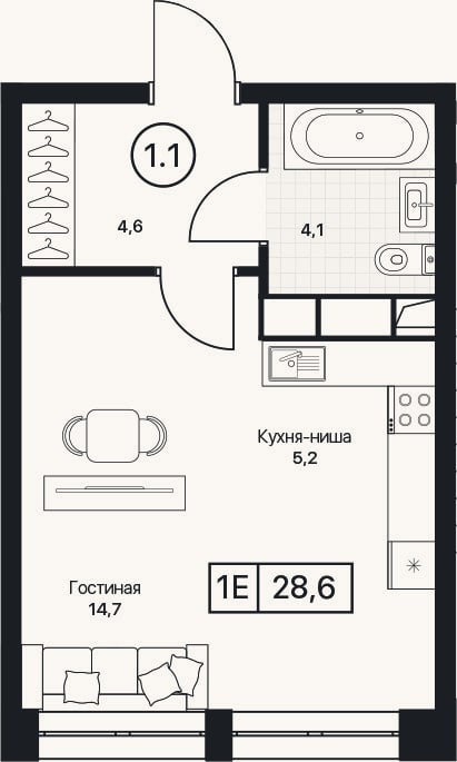 Планировка: Студия, 28,6 м²