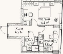 Планировка: 1-к, 32,9 м²
