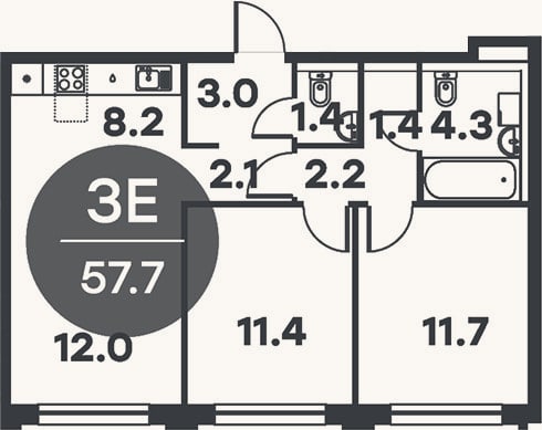 Планировка: 3-к, 57,7 м²