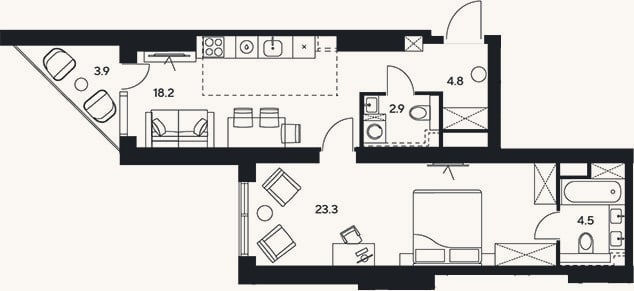 Планировка: 2-к, 53,7 м²