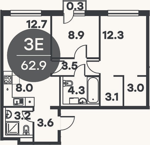 Планировка: 3-к, 62,6 м²