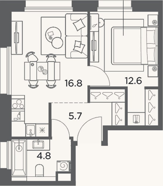 Планировка: 1-к, 39,9 м²