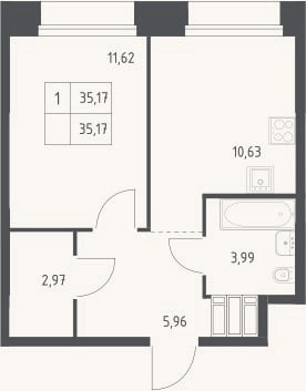 Планировка: 1-к, 35,2 м²