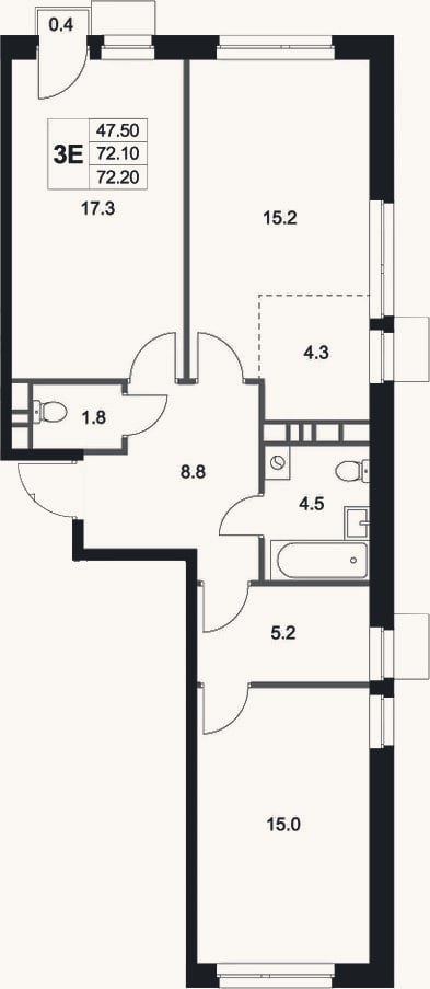 Планировка: 3-к, 72,1 м²