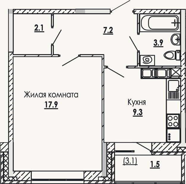 Планировка: 1-к, 40,4 м²