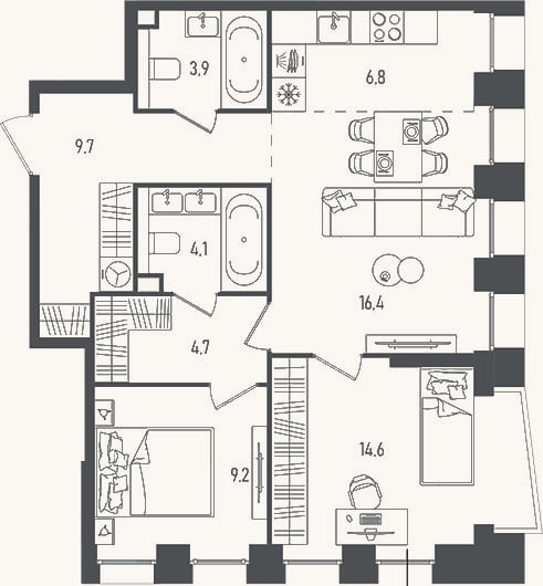 Планировка: 3-к, 69,4 м²