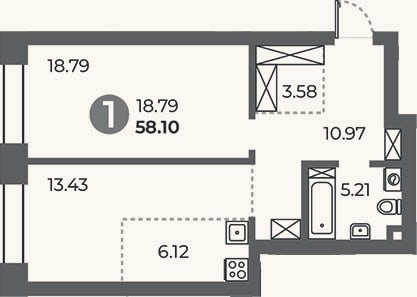 Планировка: 1-к, 58,1 м²