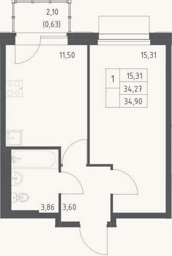 Планировка: 1-к, 34,3 м²