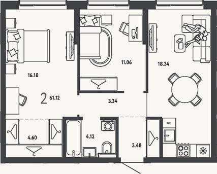 Планировка: 2-к, 61,1 м²