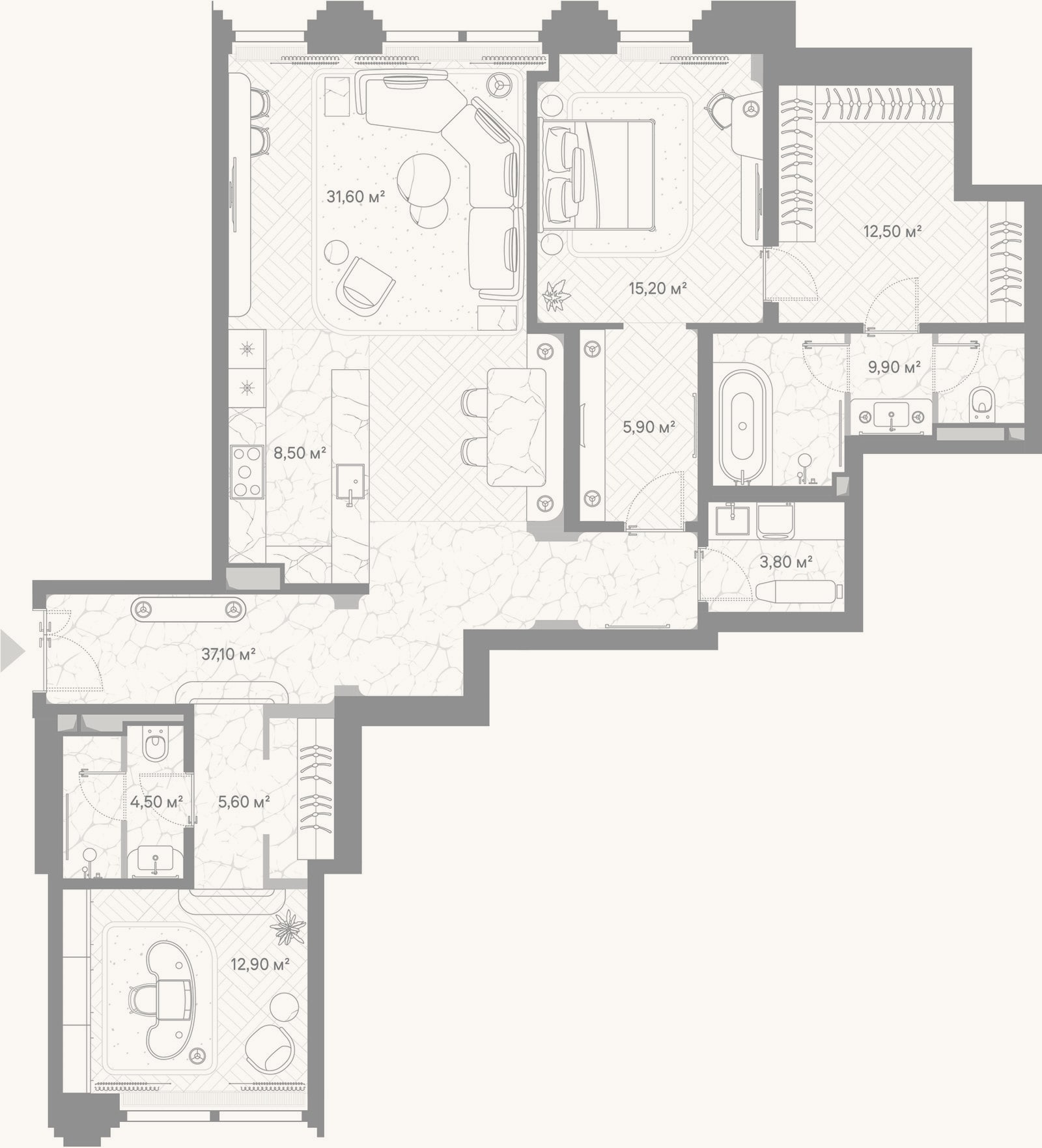 Планировка: 2-к, 129 м²