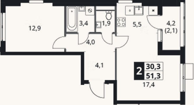 Планировка: 2-к, 49,2 м²