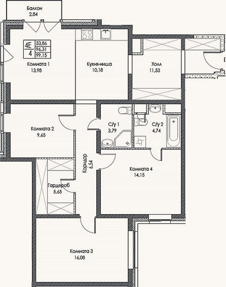 Планировка: 4+ к, 96,3 м²