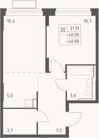 Планировка: 2-к, 40,9 м²