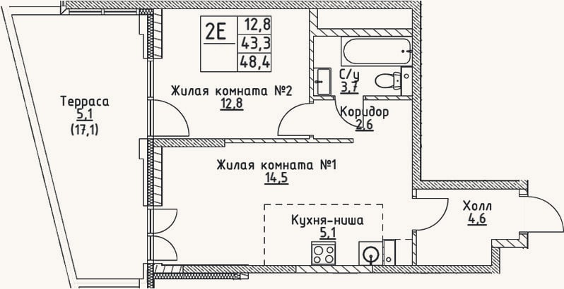 Планировка: 2-к, 43,3 м²