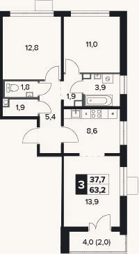 Планировка: 3-к, 61,2 м²