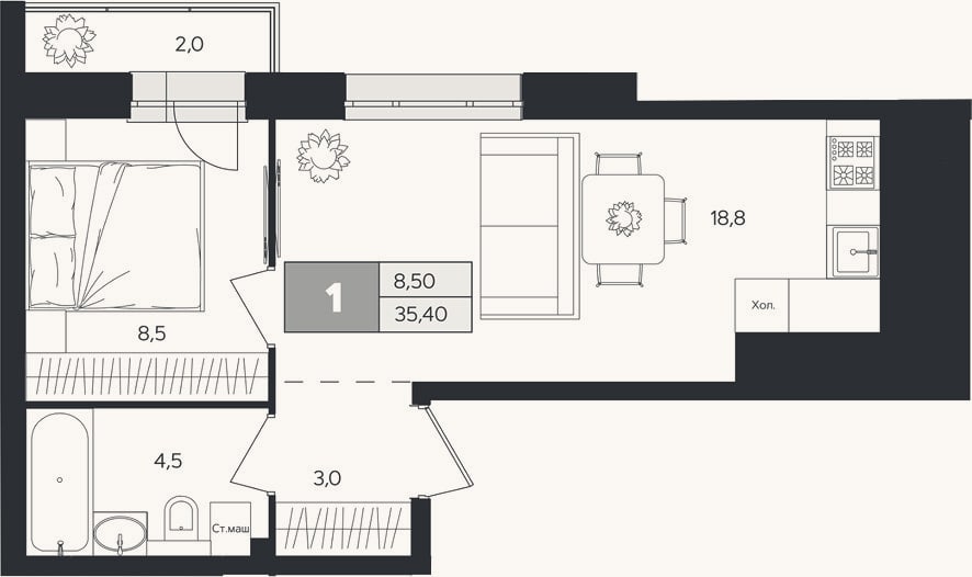 Планировка: 1-к, 34,8 м²
