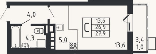 Планировка: Студия, 26,9 м²