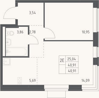 Планировка: 2-к, 40,9 м²
