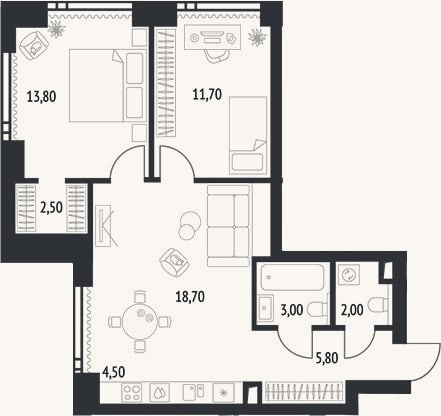 Планировка: 3-к, 64,9 м²