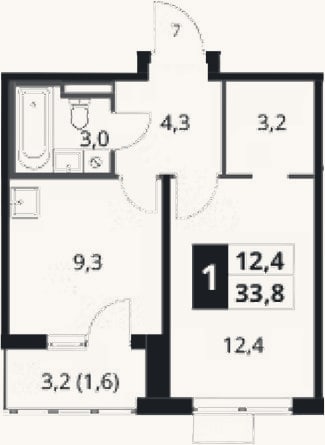 Планировка: 1-к, 32,2 м²