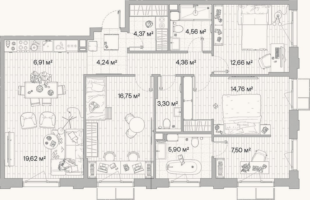 Планировка: 4+ к, 104,9 м²