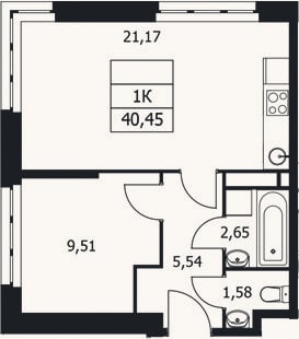 Планировка: 1-к, 40,5 м²
