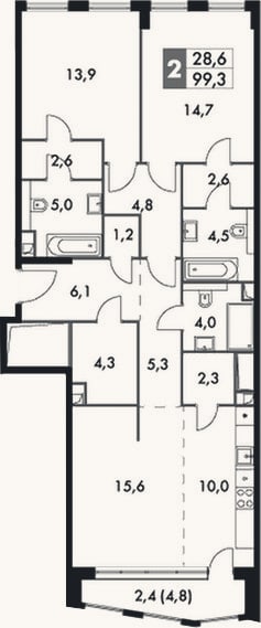 Планировка: 3-к, 96,9 м²