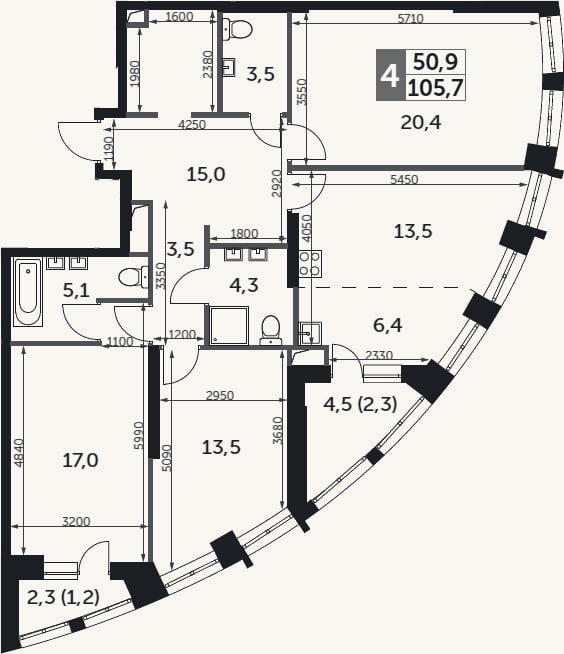 Планировка: 4+ к, 102,2 м²
