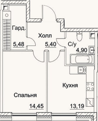 Планировка: 1-к, 43,4 м²